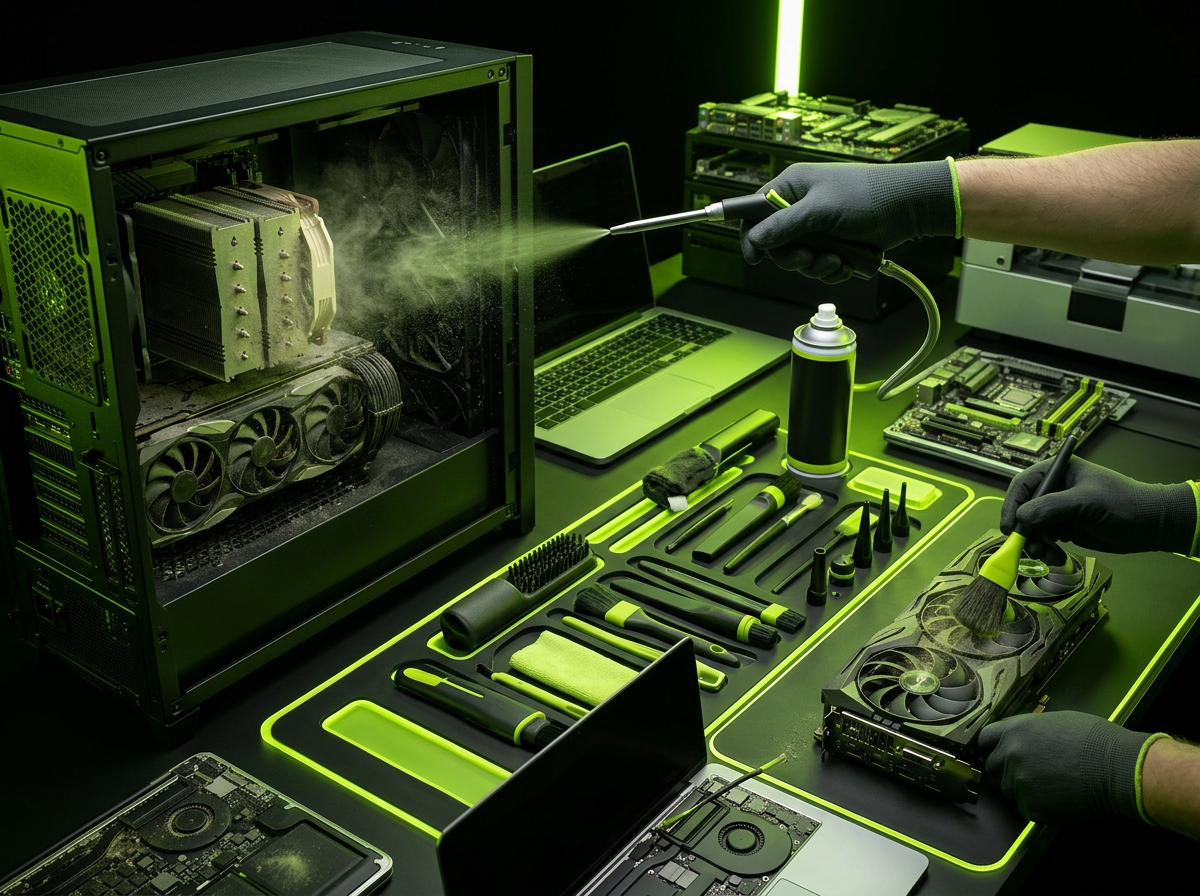 Technician performing dust cleaning inside a laptop and MacBook at a repair shop