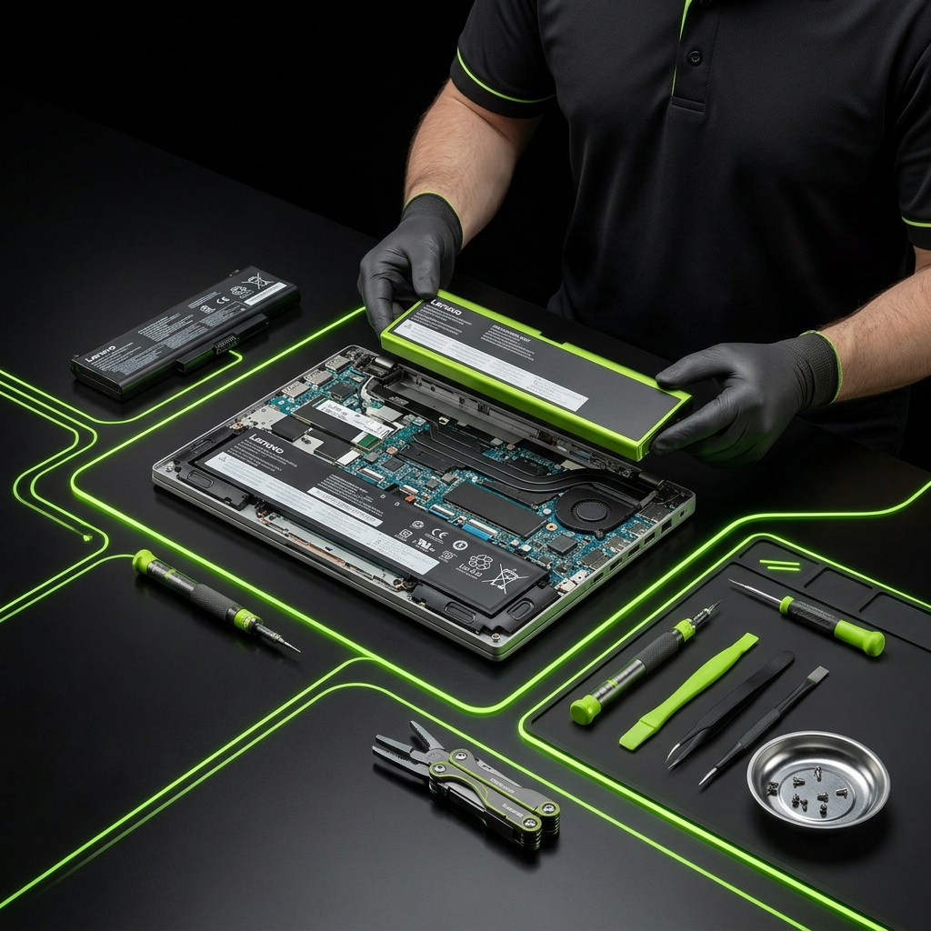 Technician replacing a laptop battery at a repair shop in Madison, TN
